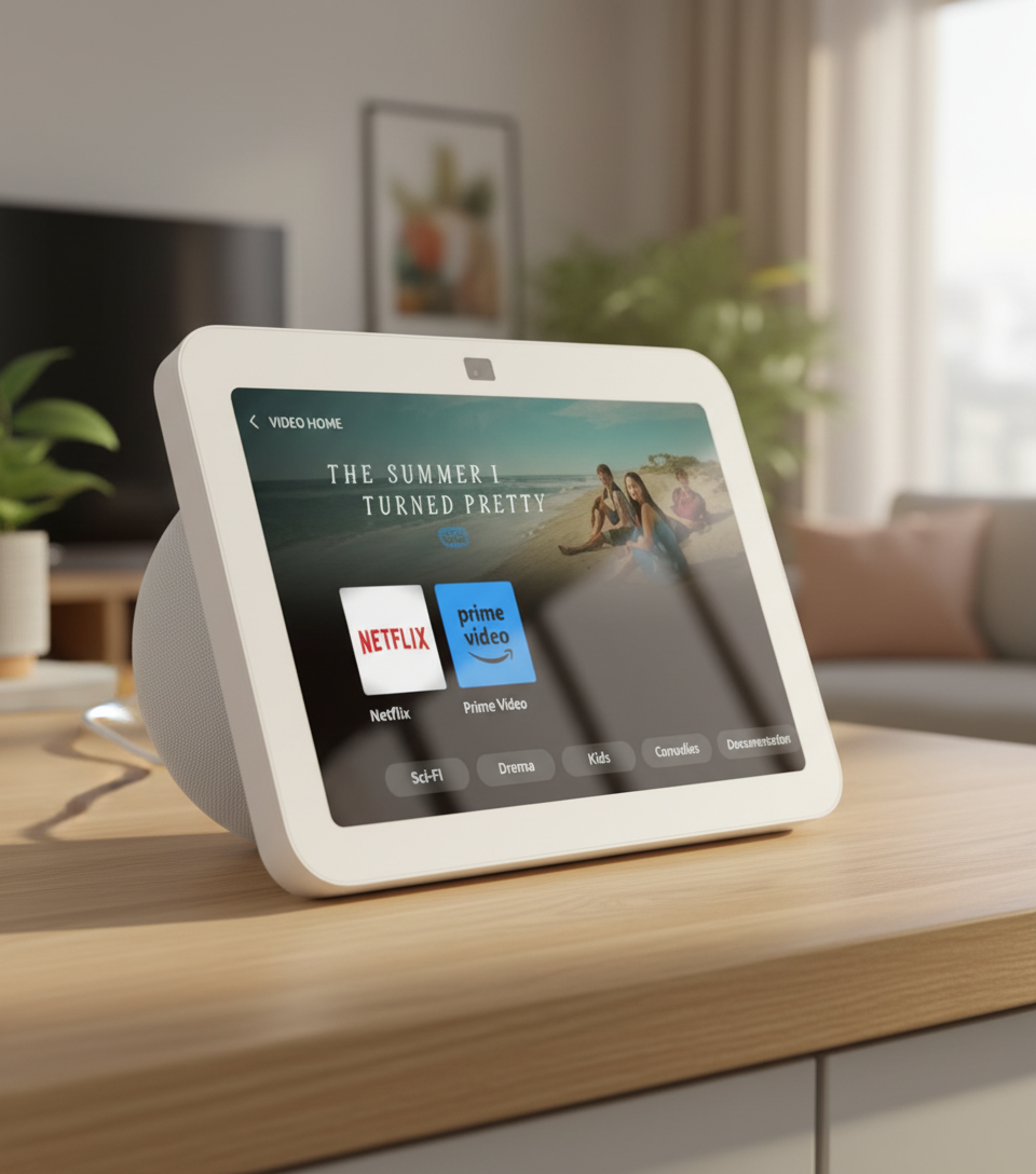 Amazon Echo Hub showing video streaming apps on a wooden table in a living room