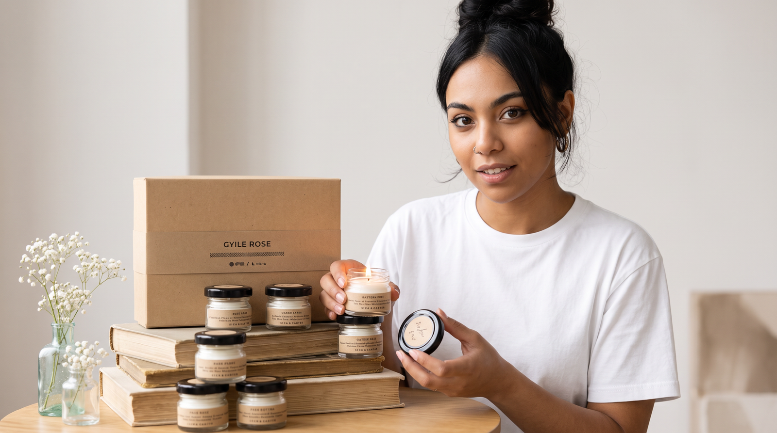 Beeswax luxury candle set displayed with a woman in home setting